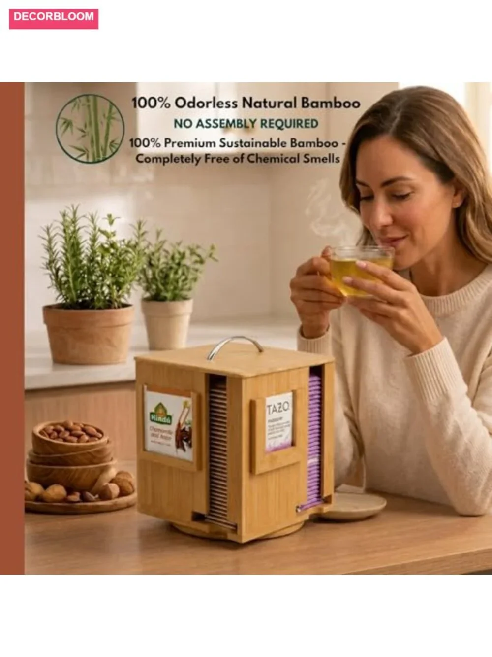 Bamboo Tea Bag Organizer, Holds 240+ Bags, Vertical Dispenser Tower with